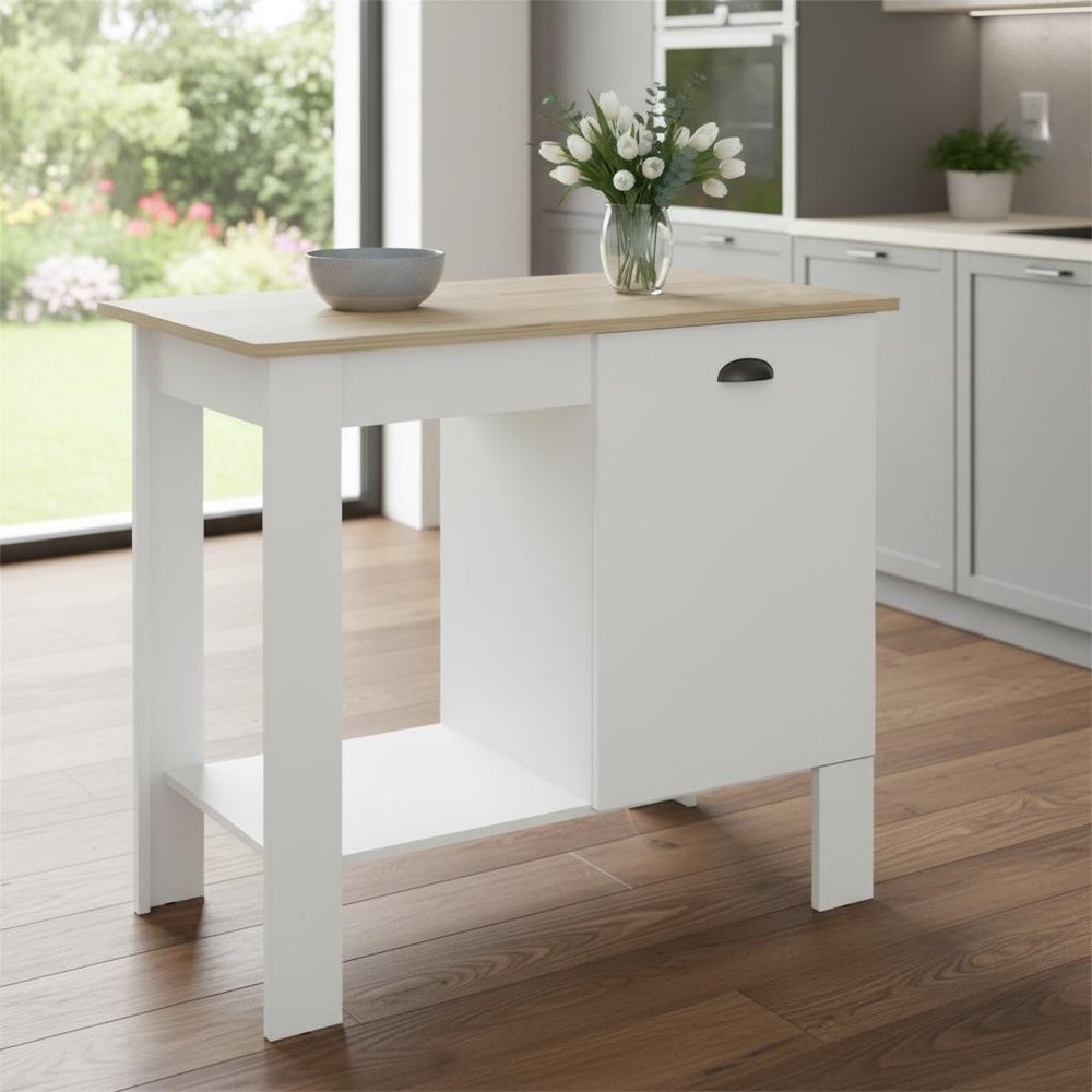 White and Natural 35" Kitchen Island With Storage
