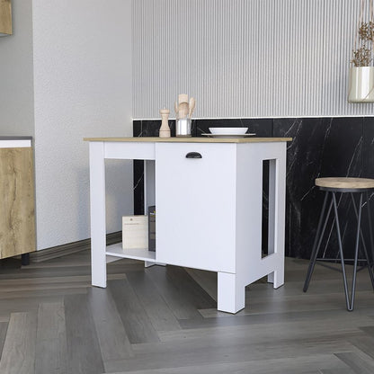 White and Natural 35" Kitchen Island With Storage