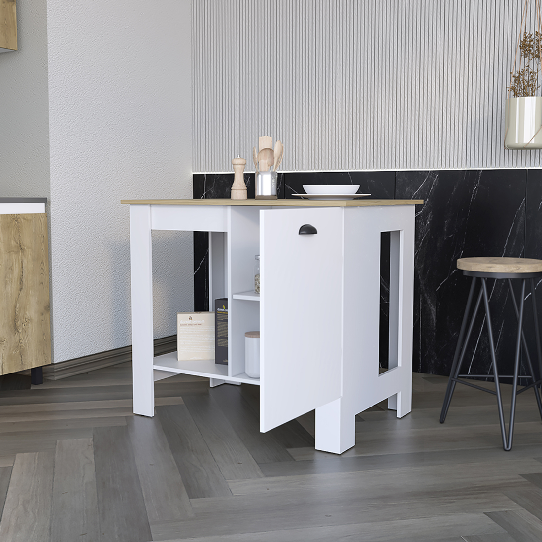 White and Natural 35" Kitchen Island With Storage