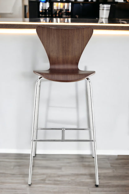 30" Brown And Silver Metallic Stainless Steel Bar Chair