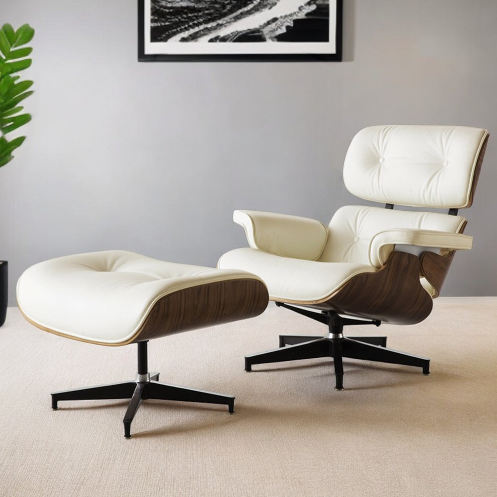 35" Beige and Dark Brown Genuine Leather Tufted Swivel Lounge Chair With Ottoman