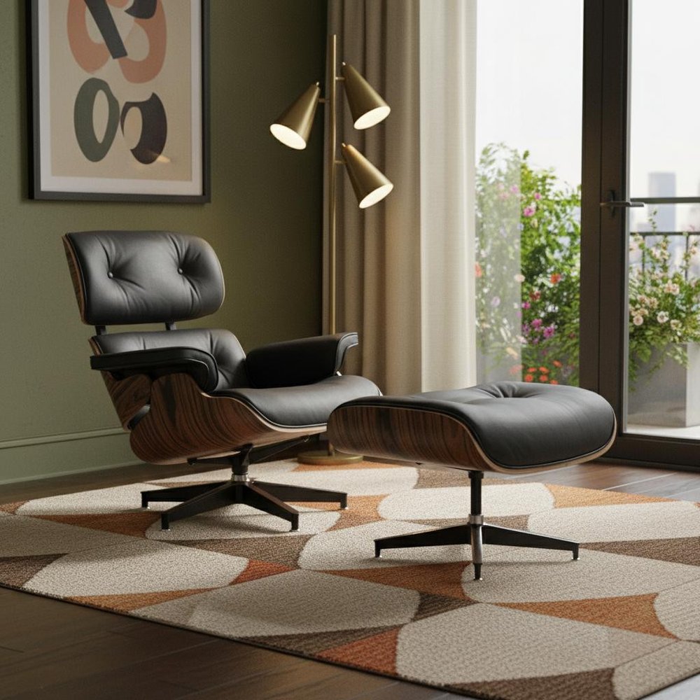 35" Black and Brown Genuine Leather Tufted Swivel Lounge Chair With Ottoman