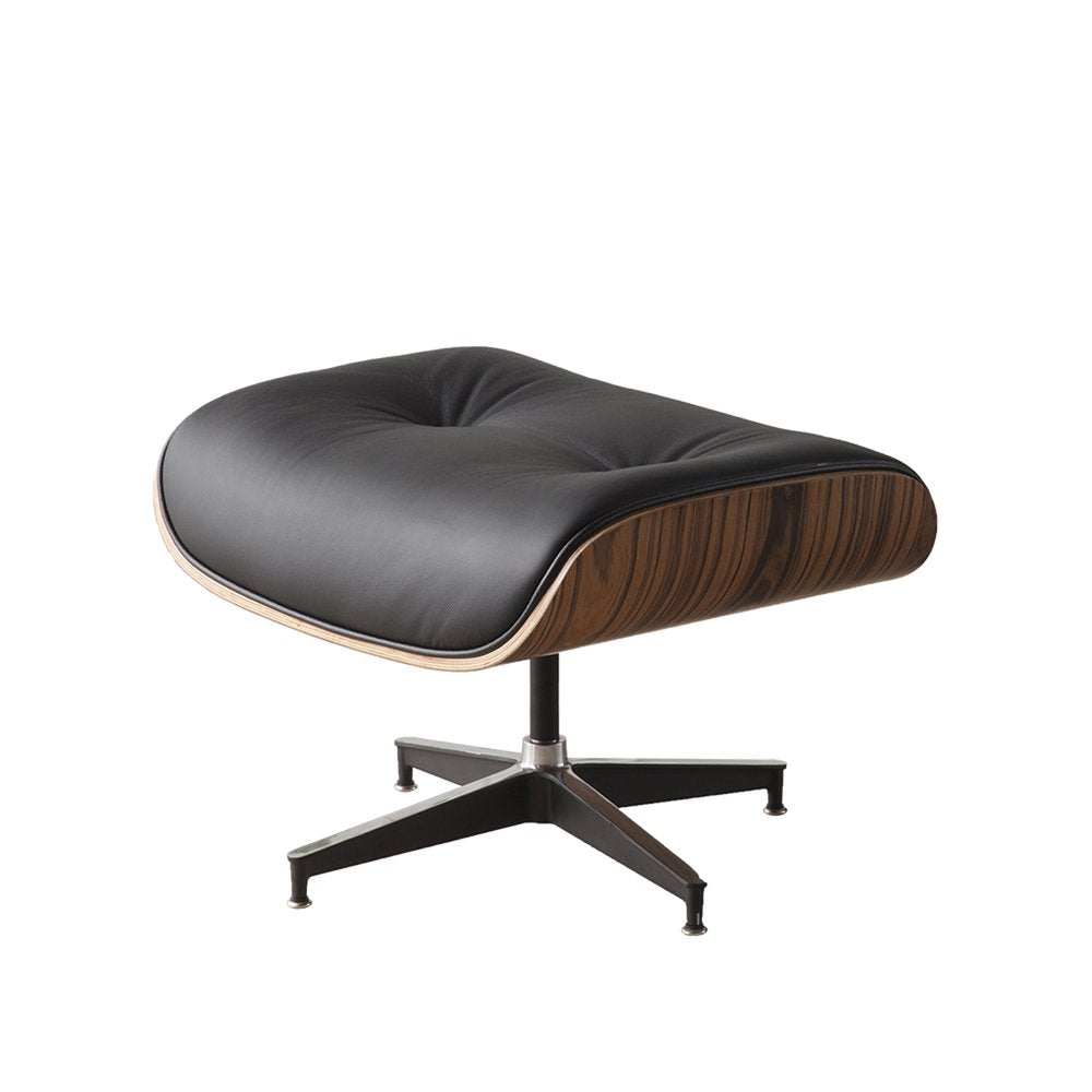 35" Black and Brown Genuine Leather Tufted Swivel Lounge Chair With Ottoman