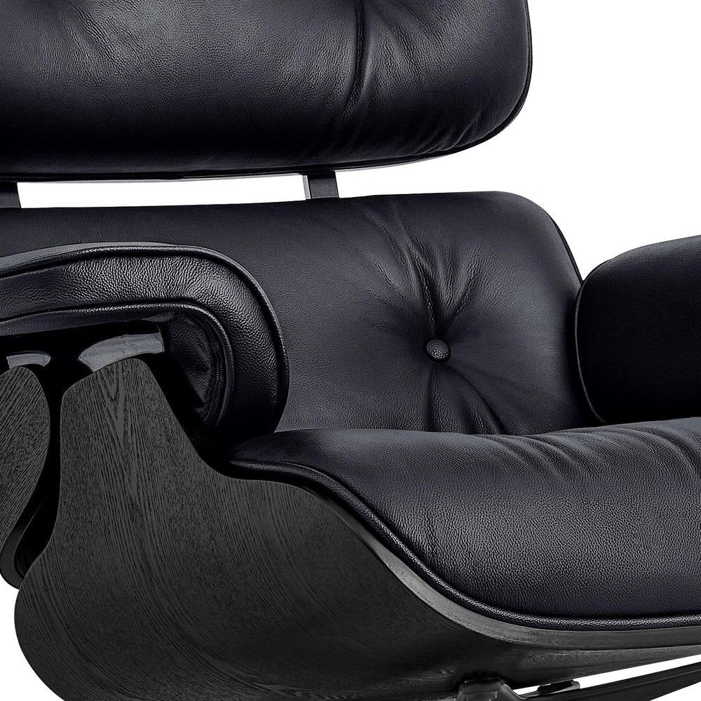 35" Black Genuine Leather Tufted Swivel Lounge Chair With Ottoman