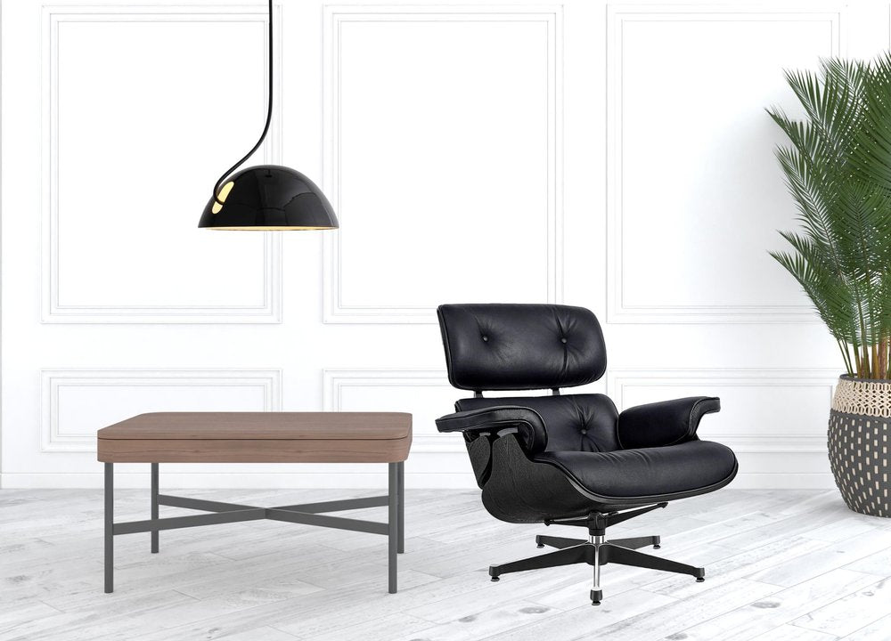35" Black Genuine Leather Tufted Swivel Lounge Chair With Ottoman