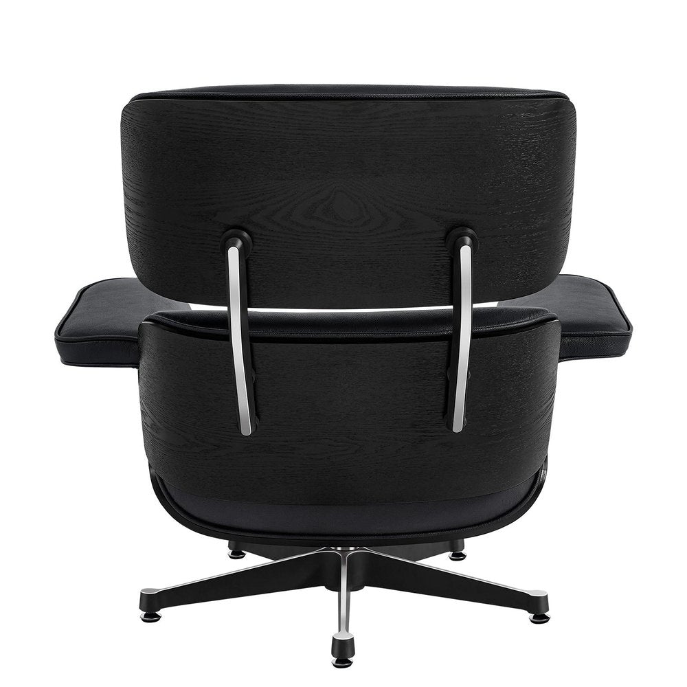35" Black Genuine Leather Tufted Swivel Lounge Chair With Ottoman