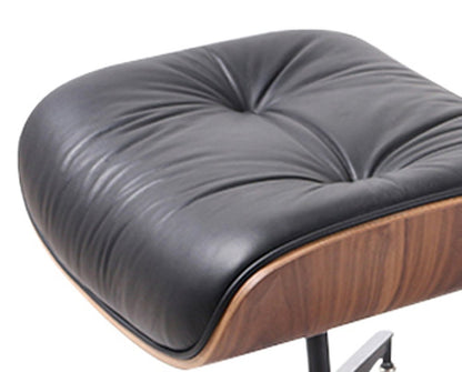 35" Black and Brown Genuine Leather Tufted Swivel Lounge Chair With Ottoman