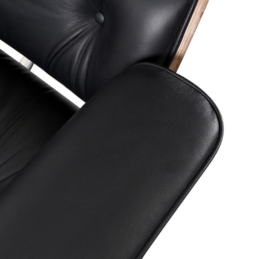 35" Black and Brown Genuine Leather Tufted Swivel Lounge Chair With Ottoman