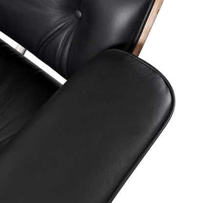 35" Black and Brown Genuine Leather Tufted Swivel Lounge Chair With Ottoman