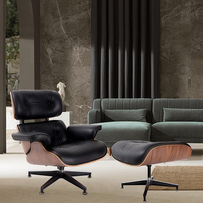 35" Black and Brown Genuine Leather Tufted Swivel Lounge Chair With Ottoman