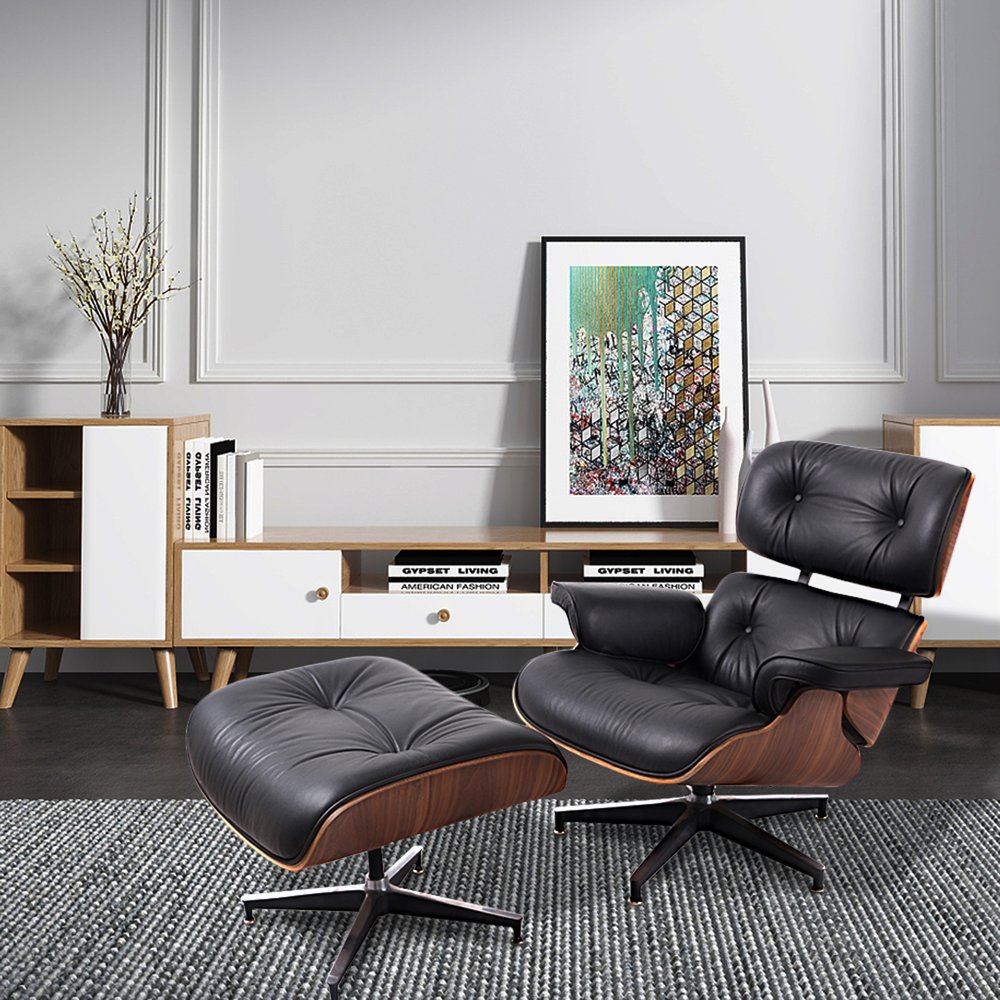 35" Black and Brown Genuine Leather Tufted Swivel Lounge Chair With Ottoman