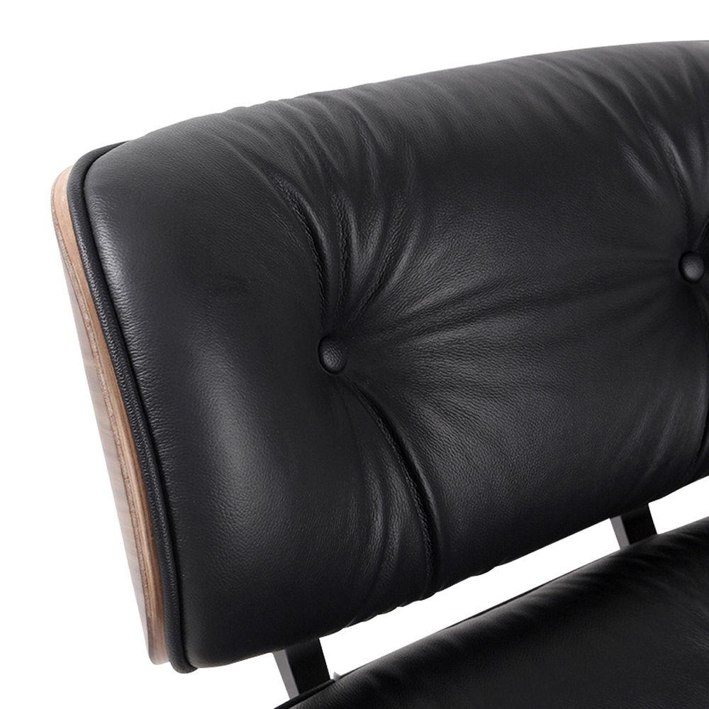 35" Black and Brown Genuine Leather Tufted Swivel Lounge Chair With Ottoman