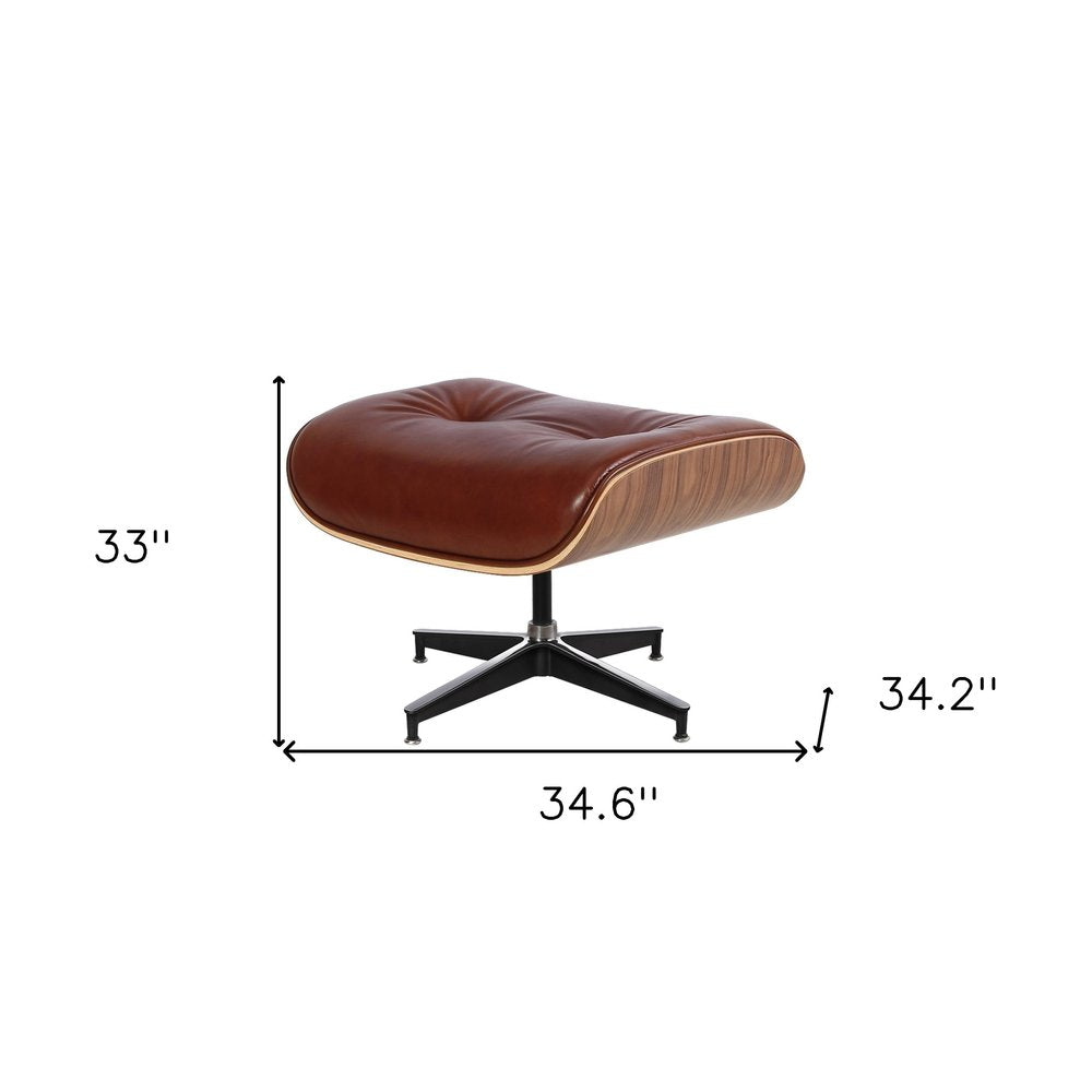 35" Brown Genuine Leather Tufted Swivel Lounge Chair With Ottoman