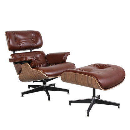 35" Brown Genuine Leather Tufted Swivel Lounge Chair With Ottoman