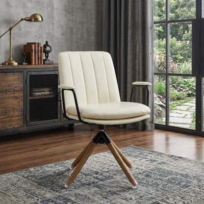 23" Off White Faux Leather And Brown Swivel Arm Chair