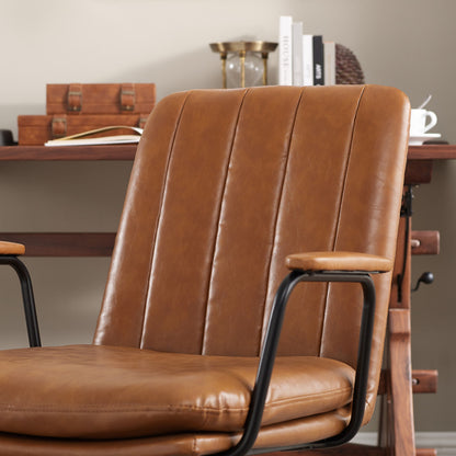 23" Carmel Brown Faux Leather Swivel Arm Chair