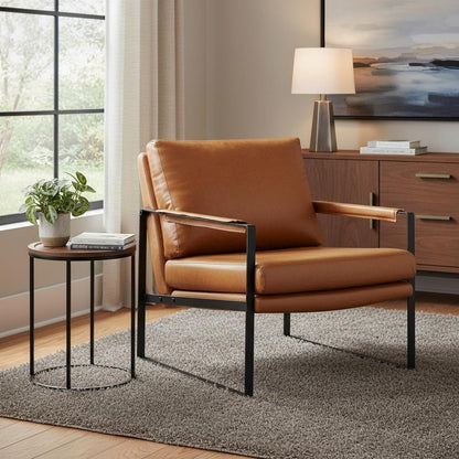 27" Brown Faux Leather And Black Arm Chair