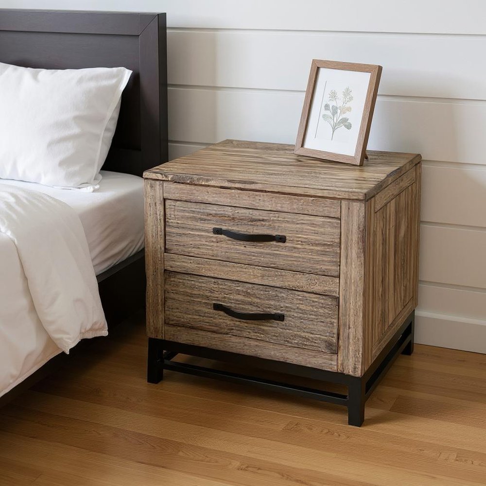 25" Brown Solid Wood Two Drawer Nightstand