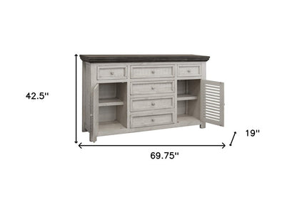 70" Antiqued White Solid and Manufactured Wood Distressed Buffet Table
