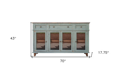 70" Green Solid and Manufactured Wood Distressed Credenza