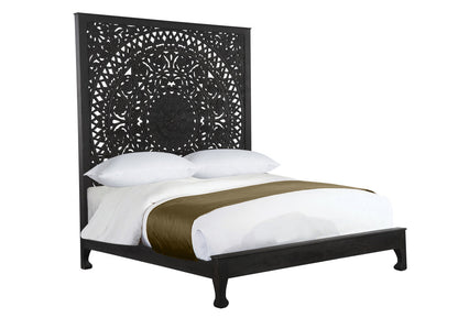 Solid Wood King Black Carved Medallion Bed