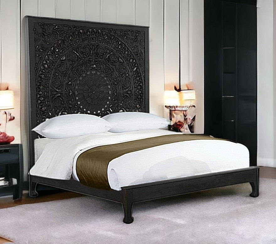 Solid Wood King Black Carved Medallion Bed