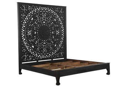 Solid Wood King Black Carved Medallion Bed