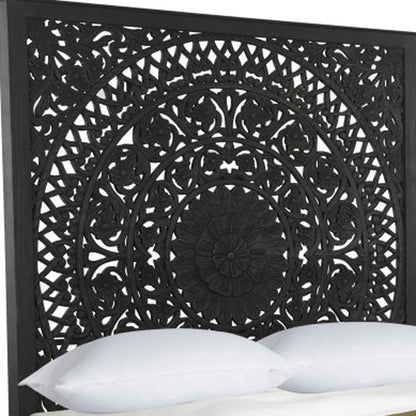 Solid Wood King Black Carved Medallion Bed