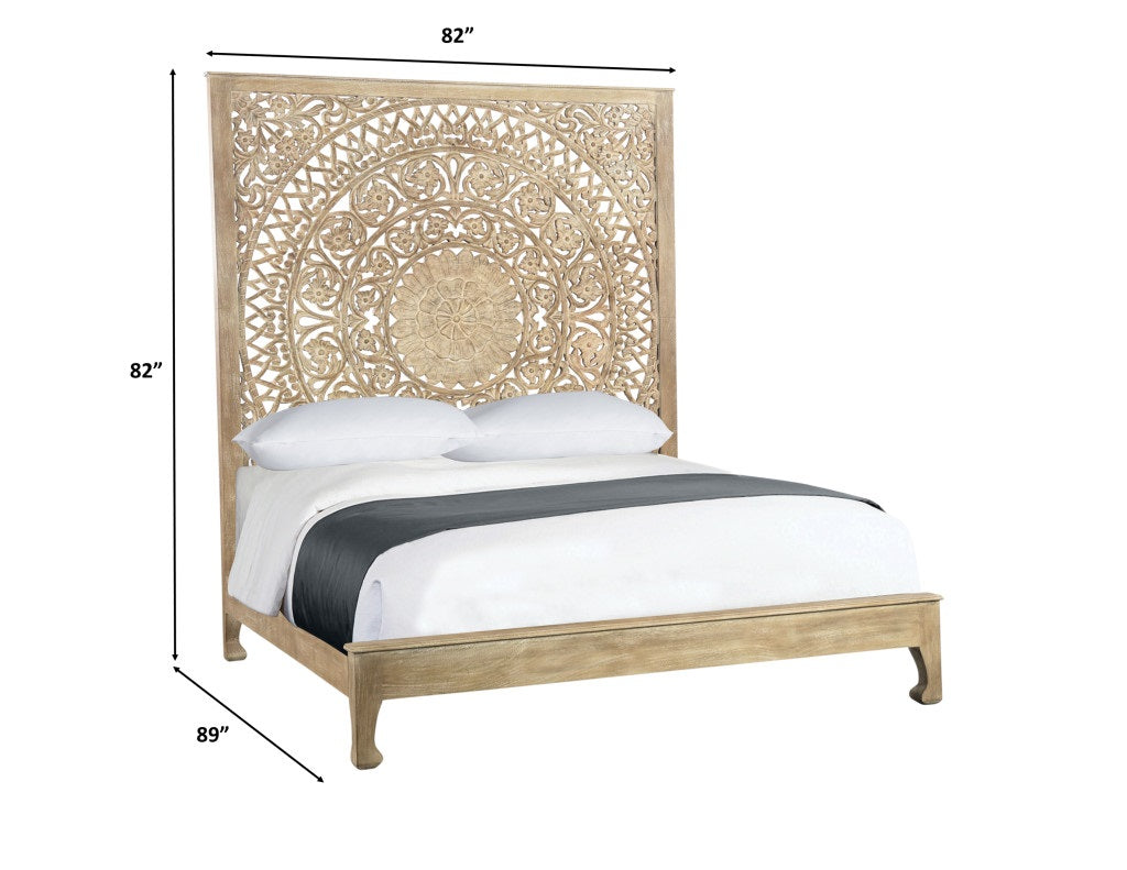 Solid Wood King Gray Carved Medallion Bed