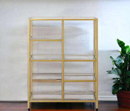 42" Gold Metal And Glass Five Tier Geometric Bookcase