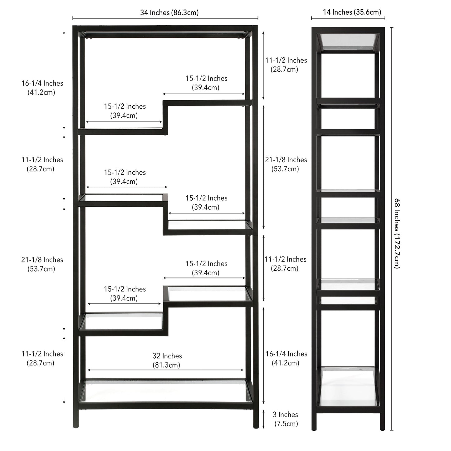 68" Black Metal and Glass Seven Tier Etagere Bookcase