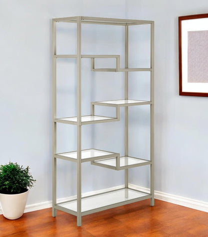 Silver Metal and Glass Seven Tier Etagere Bookcase