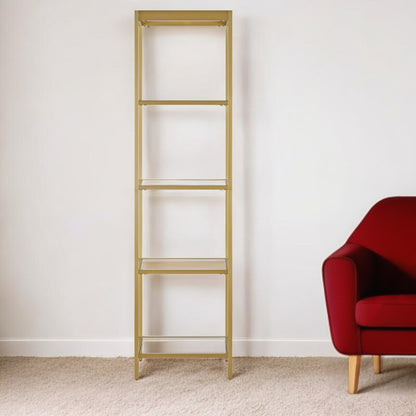 70" Gold Metal and Glass Four Tier Bookcase