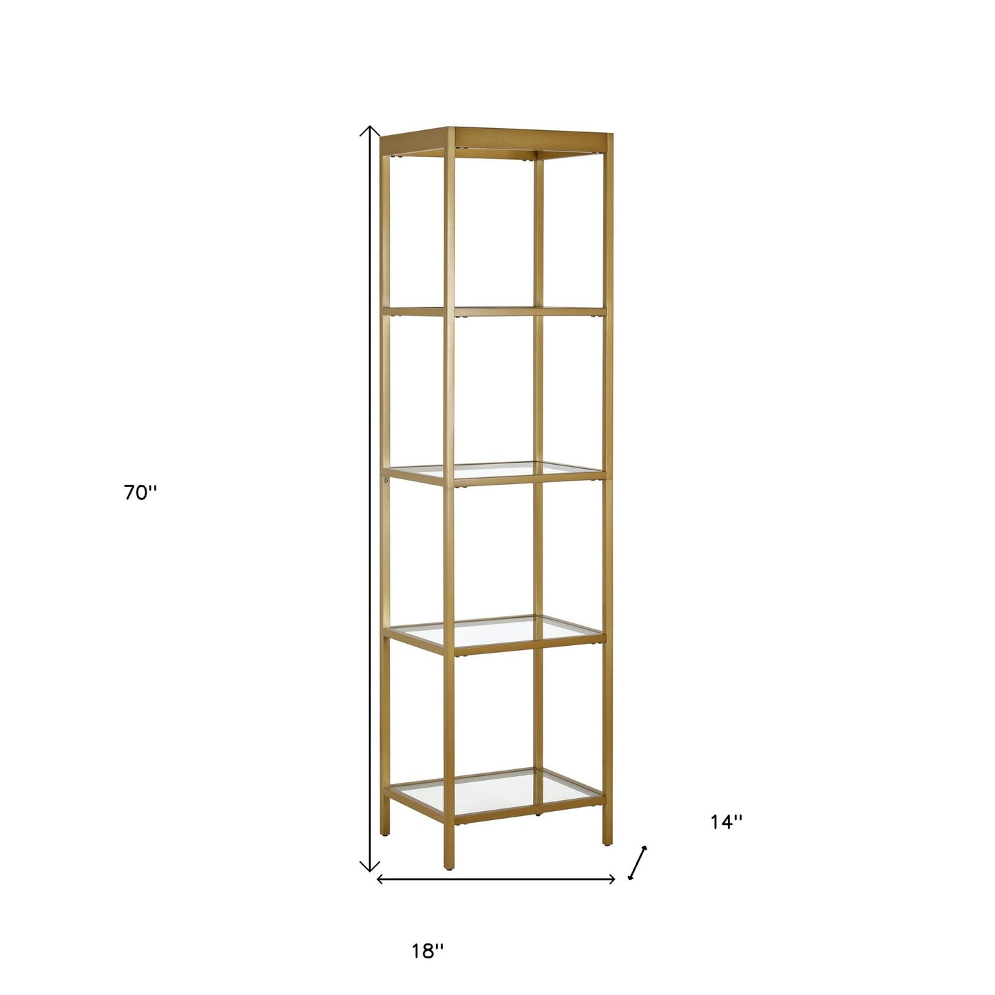 70" Gold Metal and Glass Four Tier Bookcase