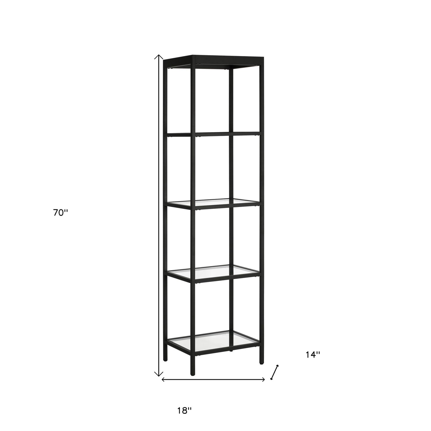 70" Black Metal and Glass Four Tier Bookcase