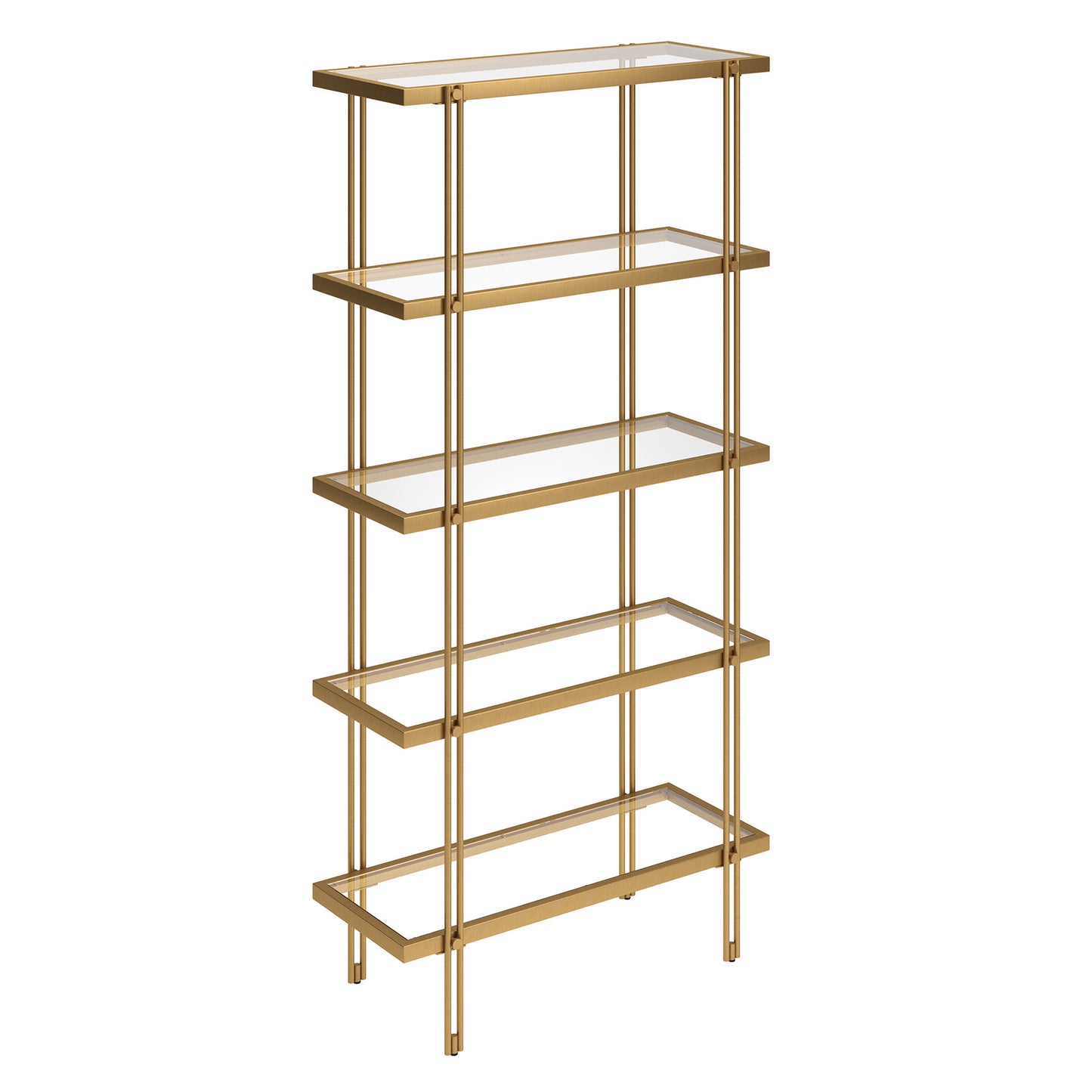 68" Gold Metal And Glass Five Tier Standard Bookcase