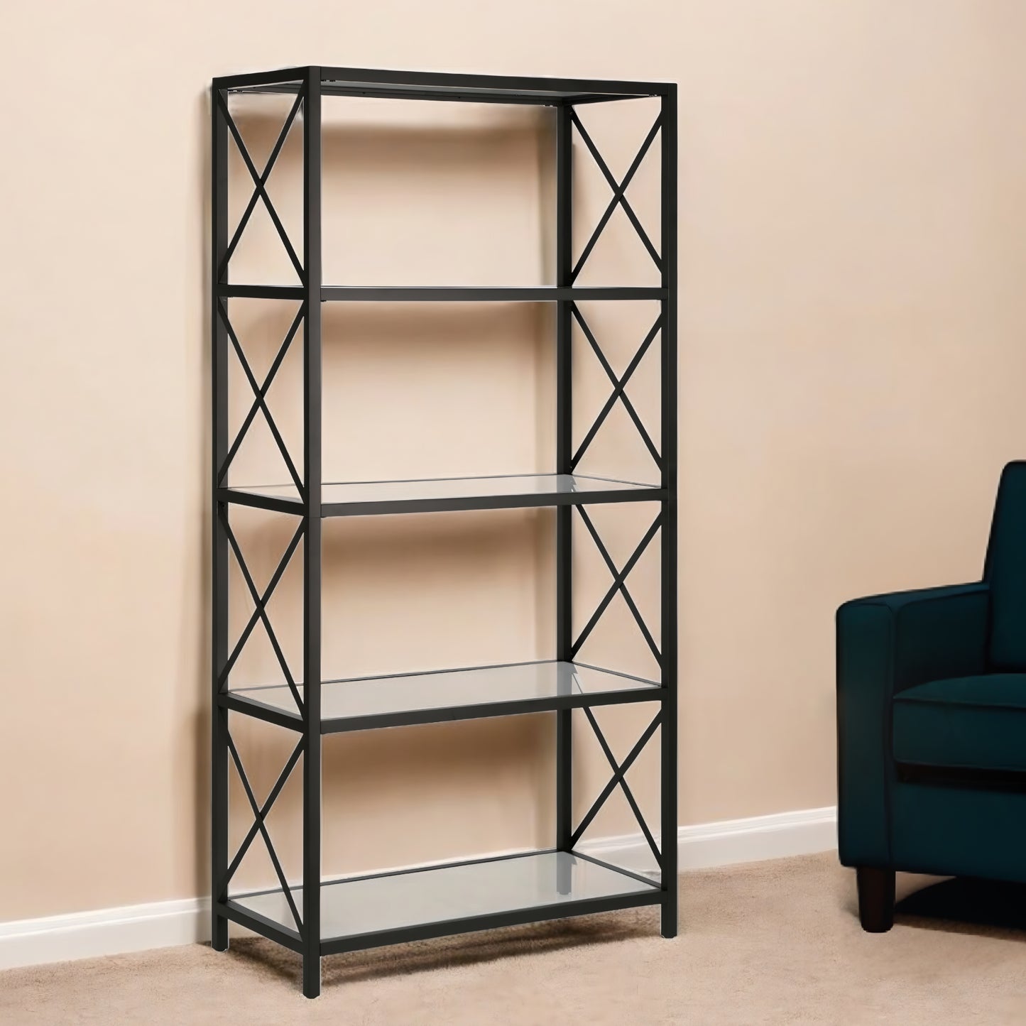 66" Black Metal and Glass Five Tier Etagere Bookcase