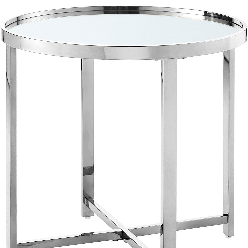 22" Silver Glass And Stainless Steel Round Mirrored End Table