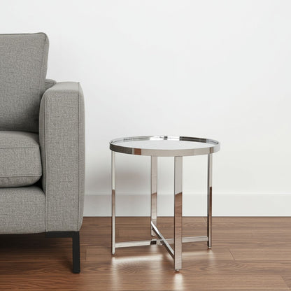 22" Silver Glass And Stainless Steel Round Mirrored End Table