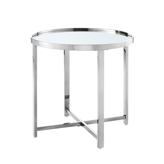 22" Silver Glass And Stainless Steel Round Mirrored End Table