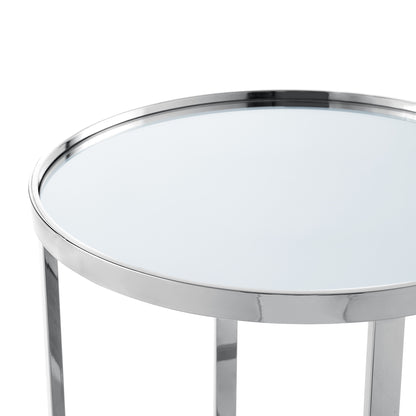 22" Silver Glass And Stainless Steel Round Mirrored End Table