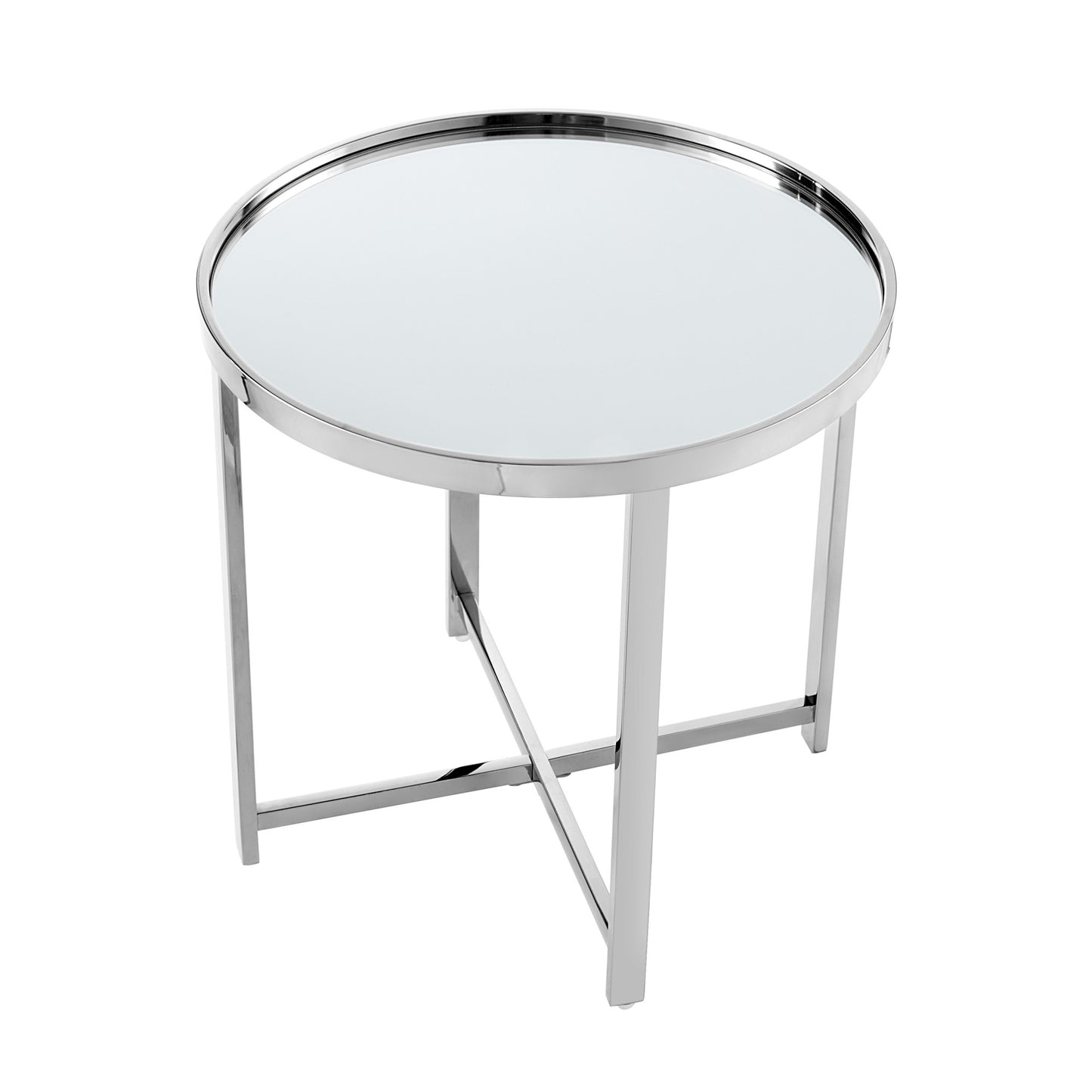 22" Silver Glass And Stainless Steel Round Mirrored End Table