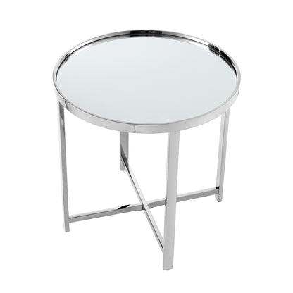 22" Silver Glass And Stainless Steel Round Mirrored End Table