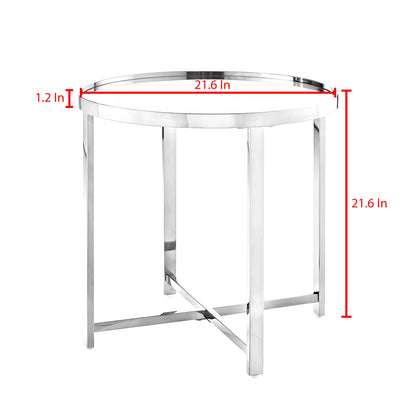 22" Silver Glass And Stainless Steel Round Mirrored End Table