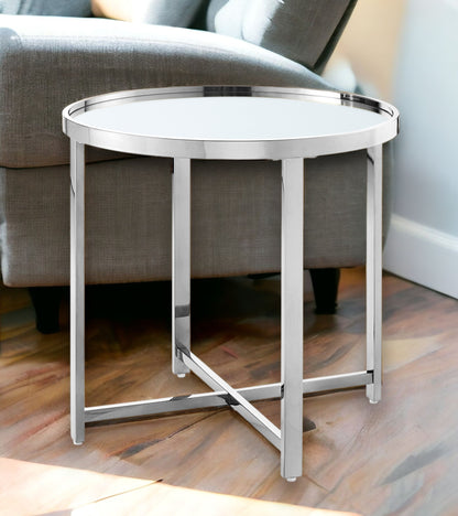 22" Silver Glass And Stainless Steel Round Mirrored End Table