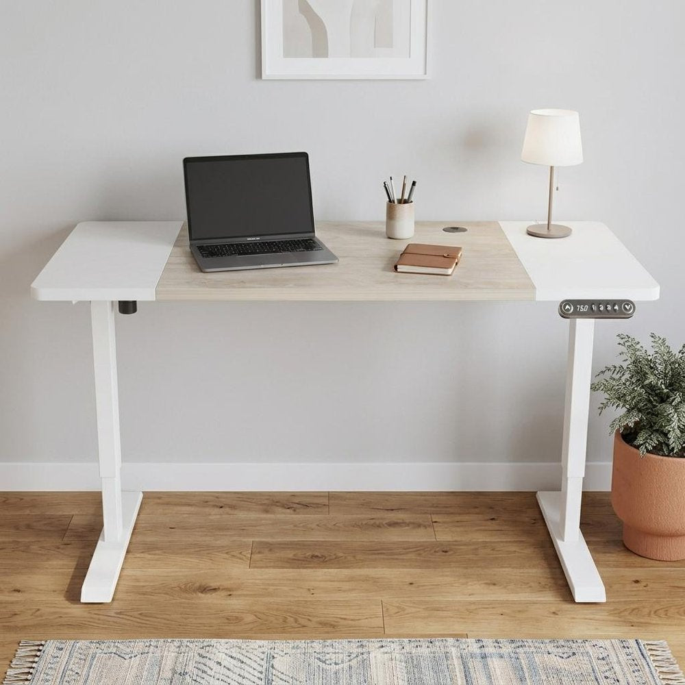 Adjustable Natural and White Wood and Stainless Steel Rolling Computer Desk