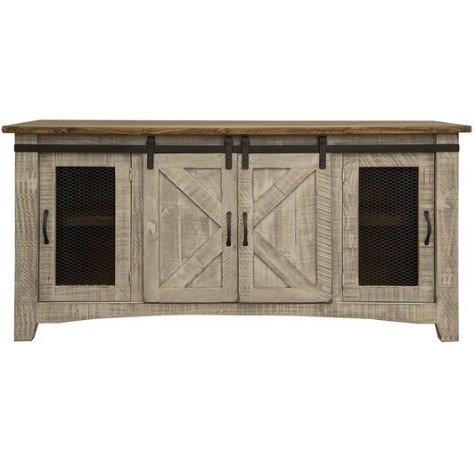 70" Gray Solid Wood Cabinet Enclosed Storage Distressed TV Stand