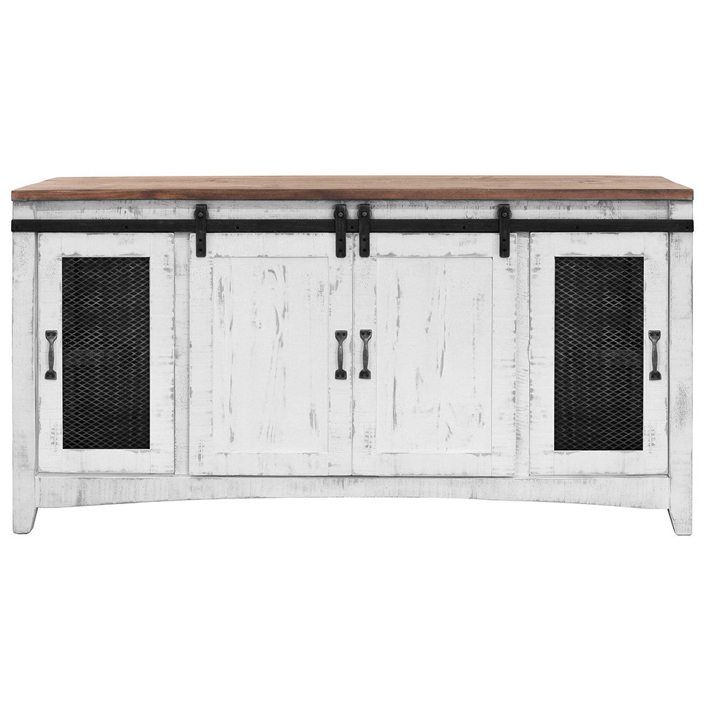 68" White Solid Wood Cabinet Enclosed Storage Distressed TV Stand