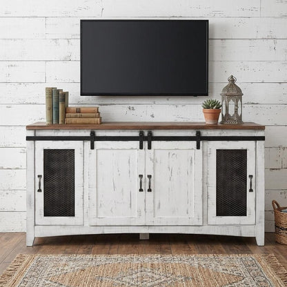 68" White Solid Wood Cabinet Enclosed Storage Distressed TV Stand