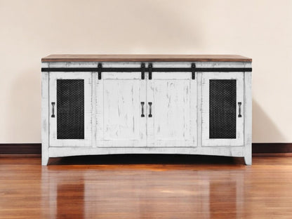 68" White Solid Wood Cabinet Enclosed Storage Distressed TV Stand